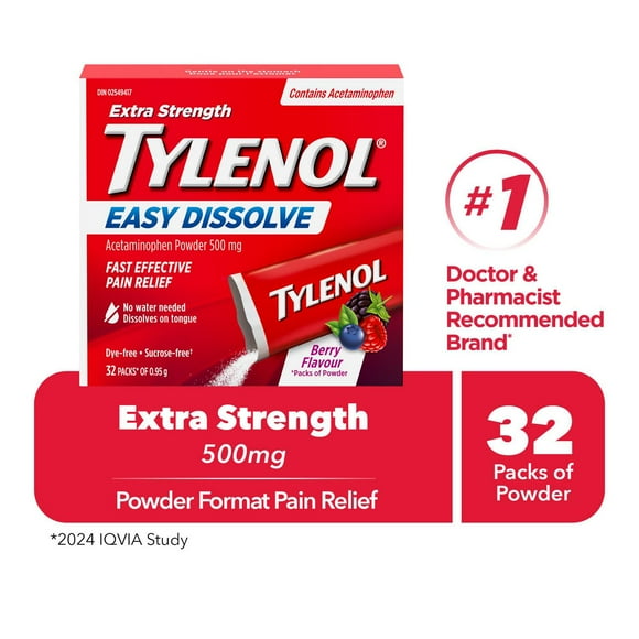 Extra Strength Tylenol Easy Dissolve, 500 mg Acetaminophen Pain Reliever & Fever Reducer, On-the-Go Powder Packets for Aches & Pains, Berry Flavor, 32 Count