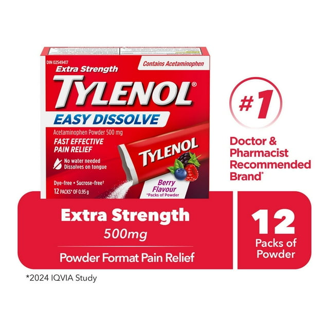 Extra Strength Tylenol Easy Dissolve, 500 mg Acetaminophen Pain Reliever & Fever Reducer, On-the-Go Powder Sachets for Aches & Pains, Berry Flavor, 12 count