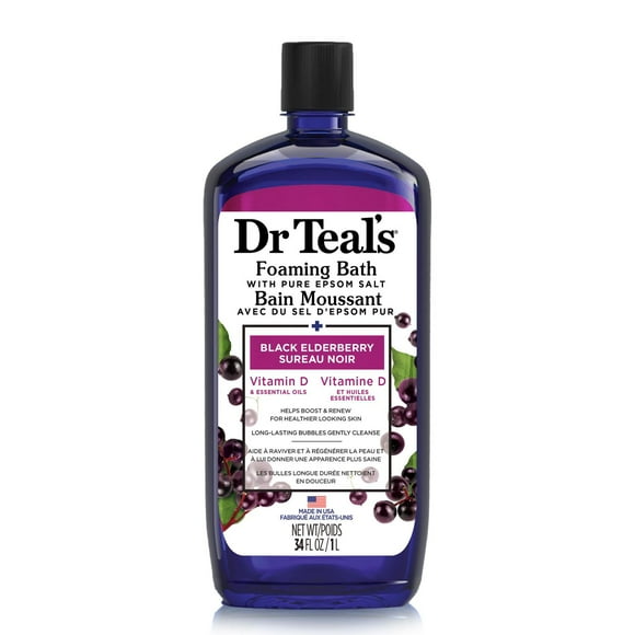 Dr Teal's Foaming Bath with Pure Epsom Salt, Black Elderberry with Vitamin D and Essential Oils (Packaging May Vary), 34 fl oz / 1L