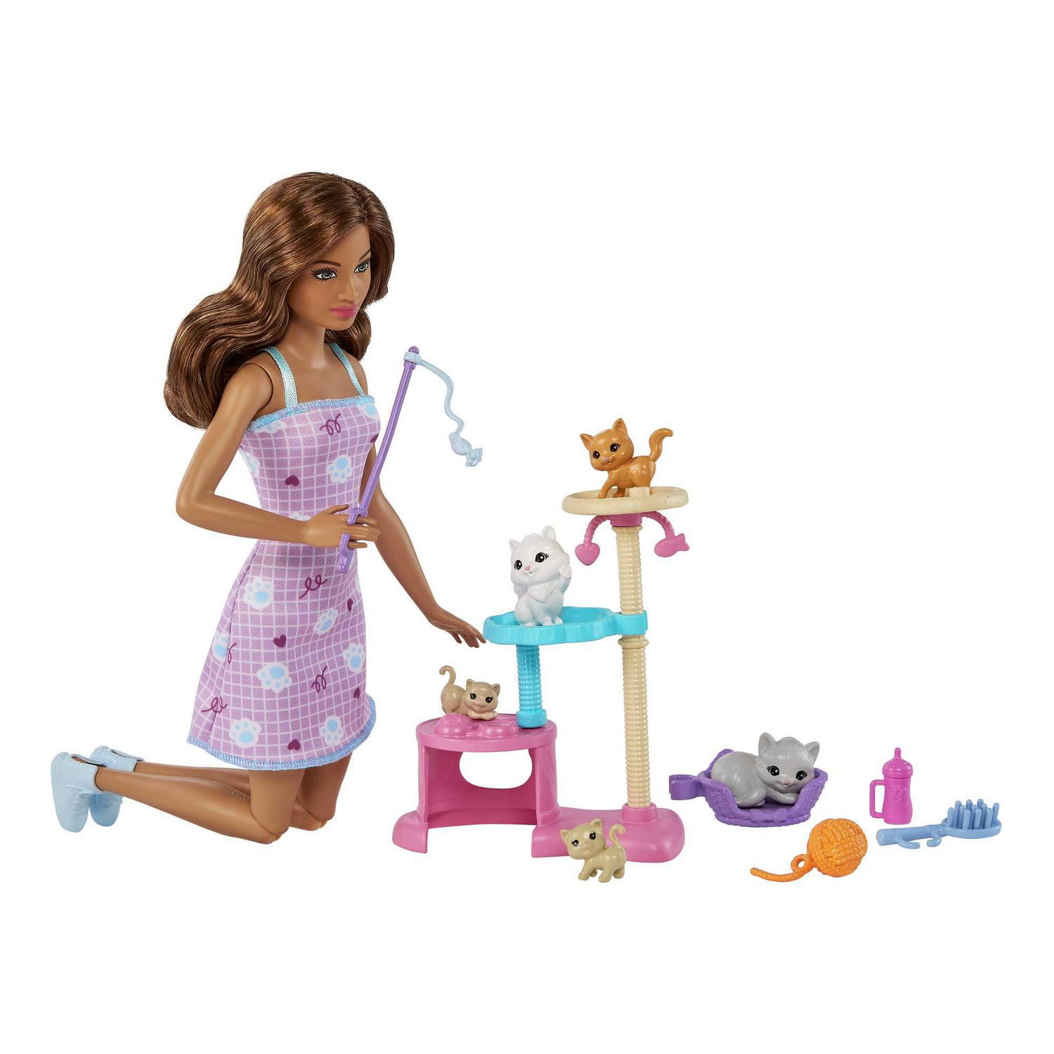 Barbie Kitty Condo Doll and Pets Playset with Barbie Doll (Brunette), 1  Cat, 4 Kittens, Cat Tree & Accessories, Ages 3+ 