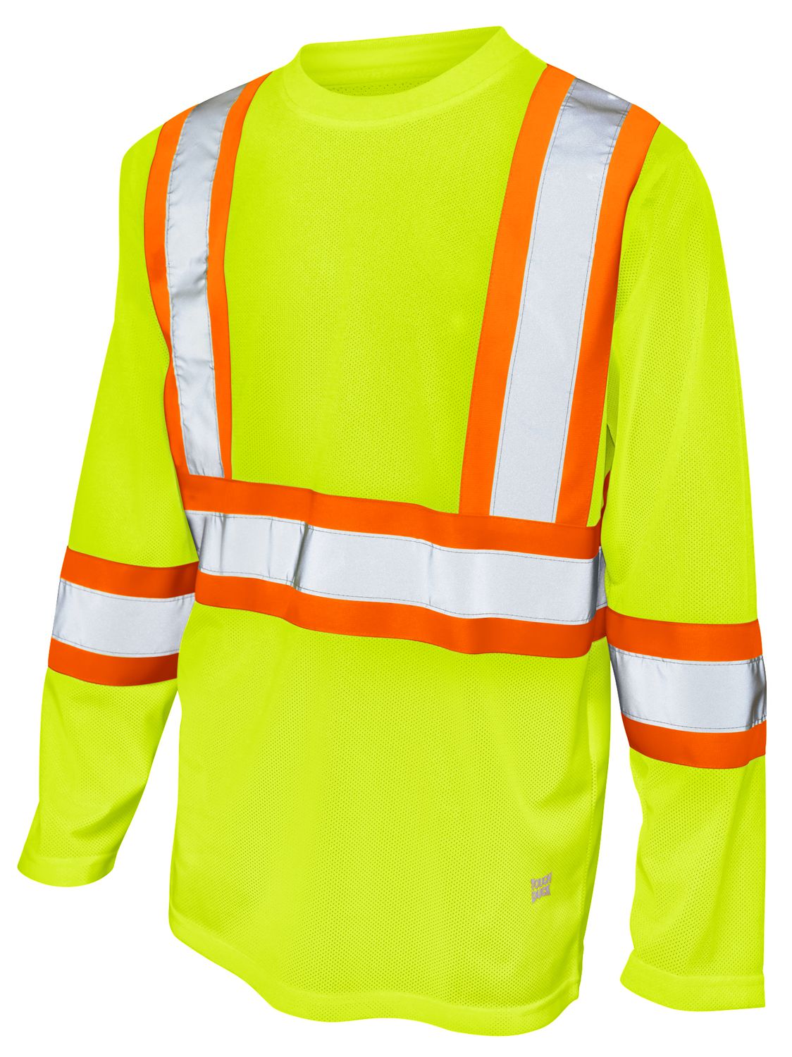 TOUGH DUCK LONG SLEEVE SAFETY T-SHIRT WITH 2" REFLECTIVE TAPE AND 4" CONTRAST BACKING.