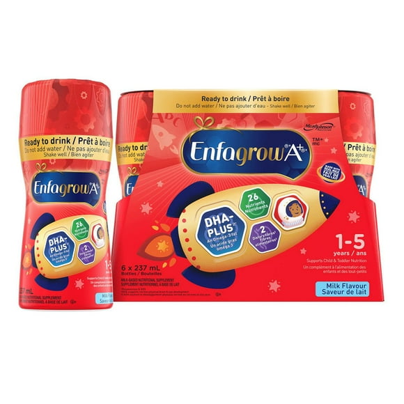 Enfagrow A+®, Toddler and Child Nutritional Drink, 26 Nutrients to Support Growth & Development, Milk Flavour, Ready to Feed, Ages 1-5, 237mL x 6 count, 6 x 237mL