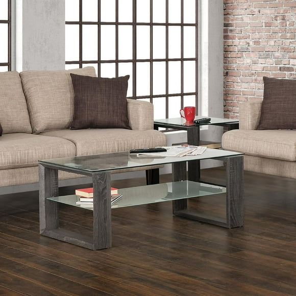 Caleb Grey Wood Coffee Table with Glass Shelf