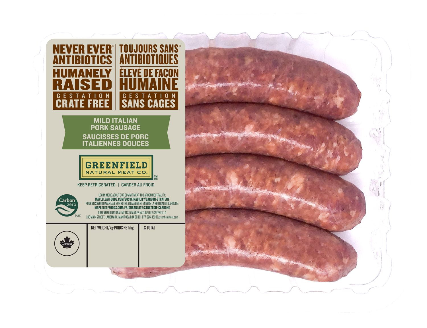 Saucisse à dîner de porc italienne douce Greenfield élevé sans antibiotiques