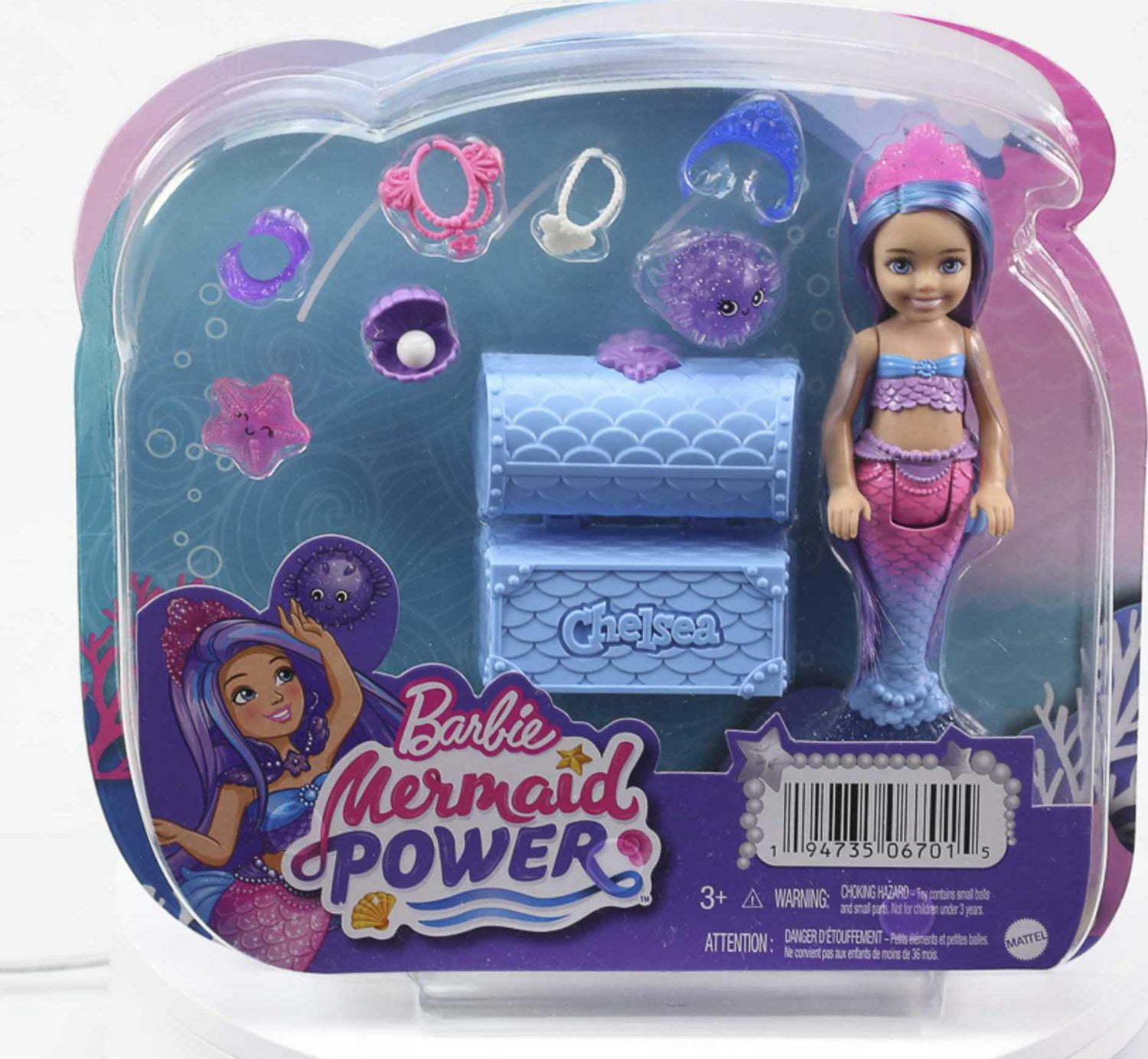 Barbie Mermaid Power Chelsea Mermaid Doll (Blue & Purple Hair) with 2 Pets,  Treasure Chest & Accessories, Toy for 3 Year Olds & Up