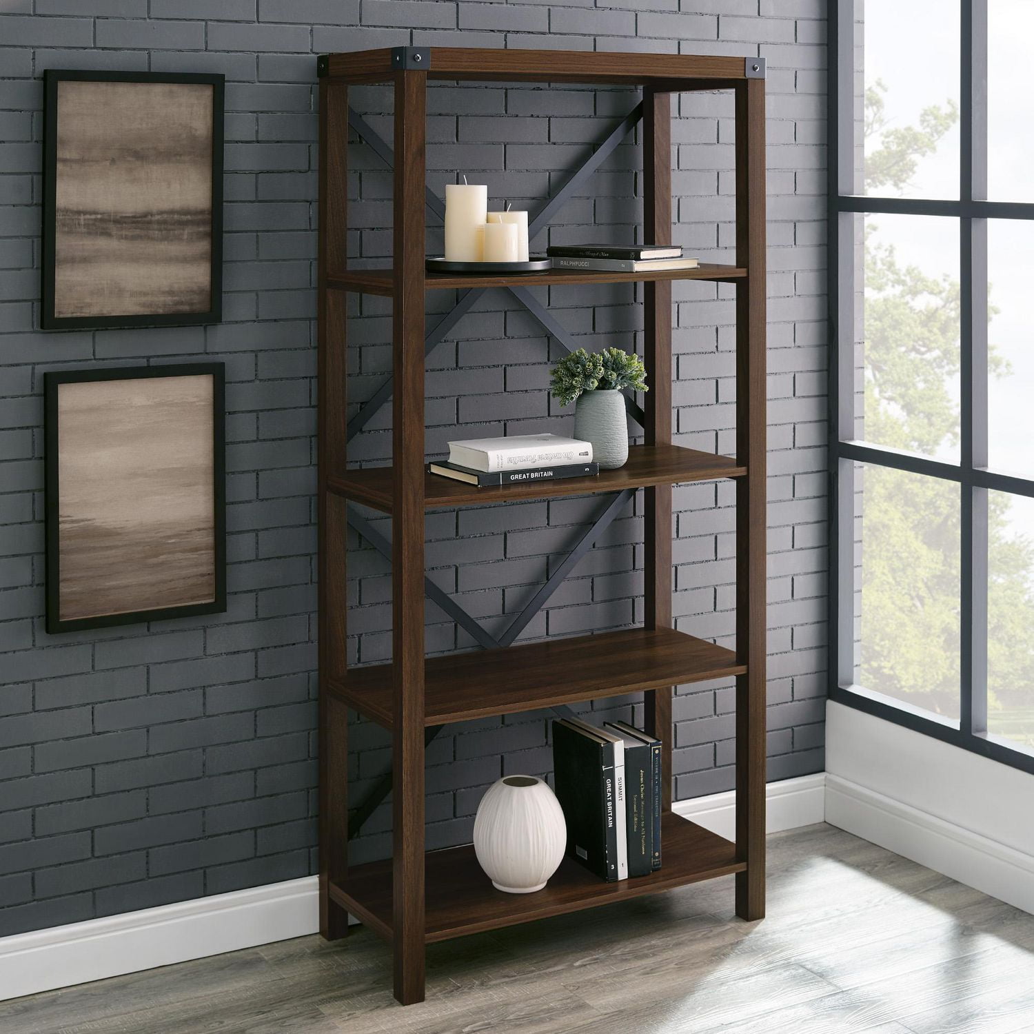 64" Farmhouse Metal Bookcase Dark Walnut Walmart Canada