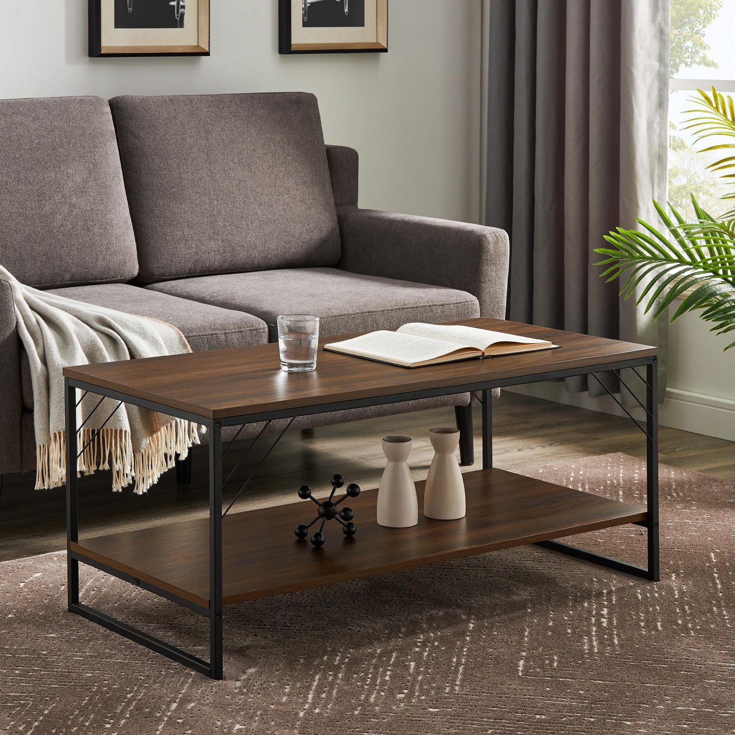 40" Industrial Metal Accent Coffee Table Dark Walnut Walmart Canada