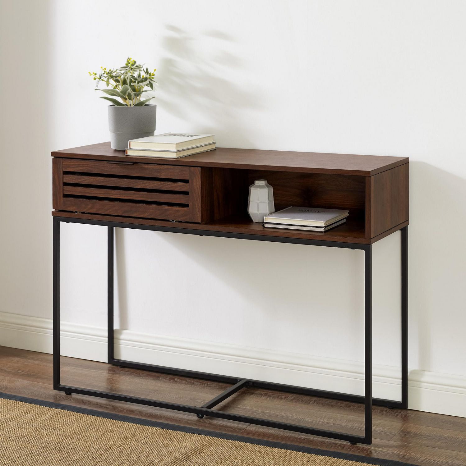 42" Modern Slat Door Entry Table Dark Walnut Walmart Canada