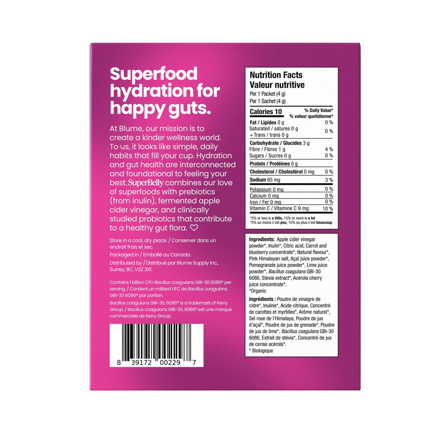 BLUME Superbelly Gut Health-Building Hydration Powder with Pre/Pro-biotics & Electrolytes - Acai Pomegranate Flavoured, BLM SPRBLY LEM GING 28g