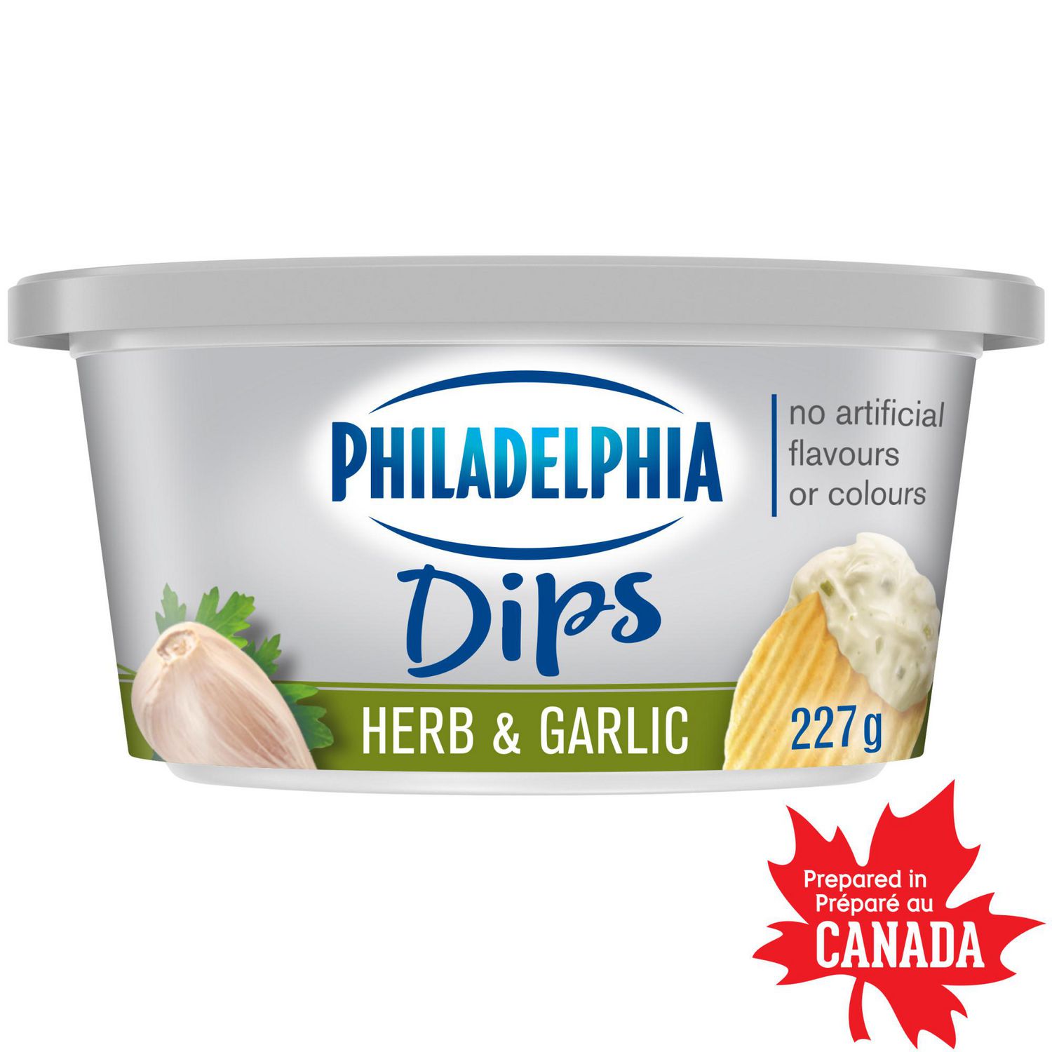 Philadelphia Herb & Garlic Dip, front-facing container with PHILADELPHIA logo; creamy white dip with green herb flecks and readable label. States 40% less fat than leading sour cream dip and no artificial flavours or colours. Ideal party dip for chips, crackers, veggies and suitable as a sandwich spread.