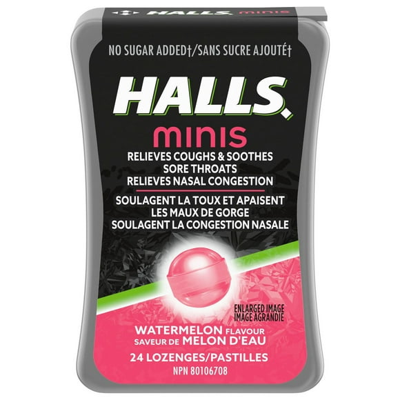 HALLS Minis No Sugar Added Watermelon Flavour Cough Drops, Throat Lozenges, Sore Throat Relief, Mentho-Lyptus, 24 lozenges