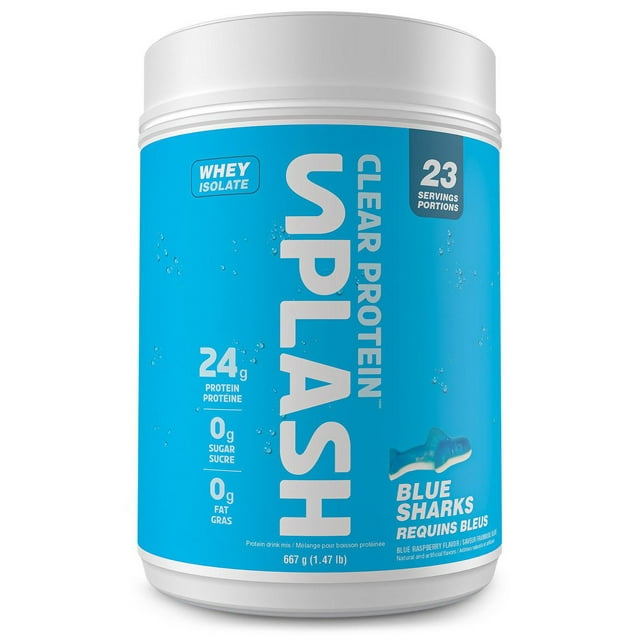 Revolution Nutrition, Splash Clear Isolate Protein, Poudre d’Isolat de Whey 100 % Clair, 24 g de Protéines par Dosette, Zéro Sucre, Zéro Glucide, Saveur Candy, Collagène, 667 g, Requins Bleus (23 Portions)