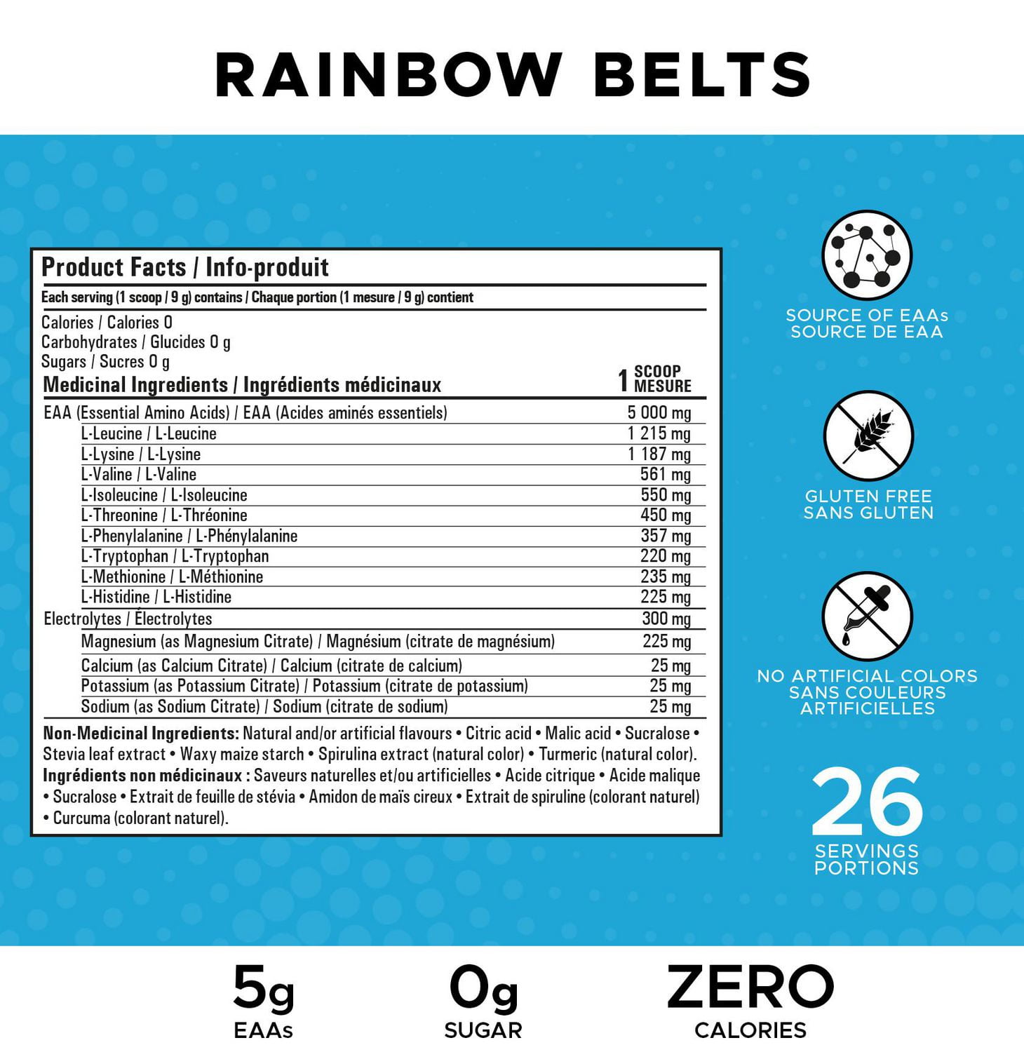 Revolution Nutrition, Poudre Pure EAA, Acides Aminés Essentiels pour la Récupération Post-Workout, Sans Gluten, Zéro Calorie, Zéro Sucre, avec Électrolytes, 5 g d’EAA par Portion, Ceintures Arc-en-Ciel, 240 g (26 Portions)