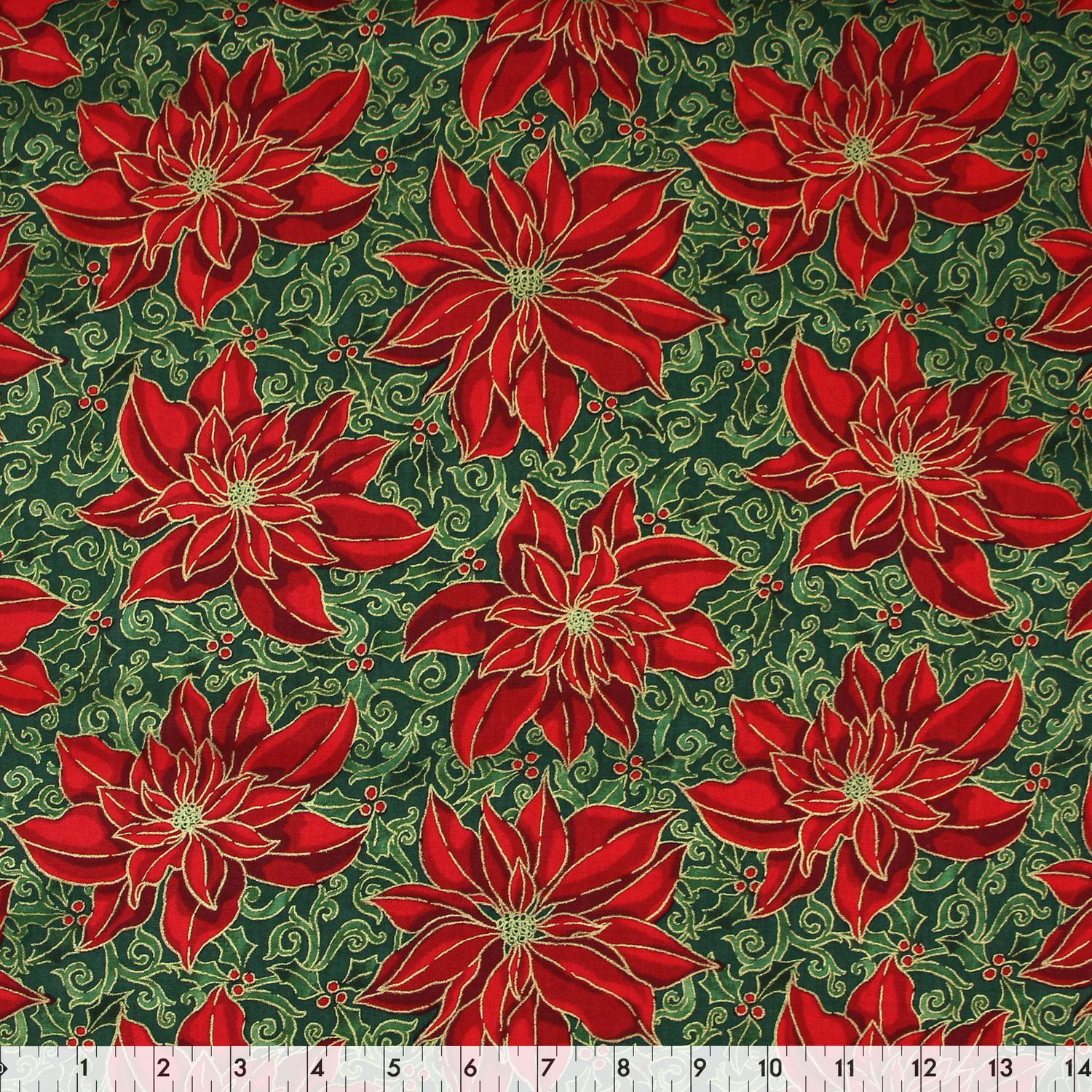 Fabric Creations Green with Red Christmas Poinsettias Cotton Fabric by ...