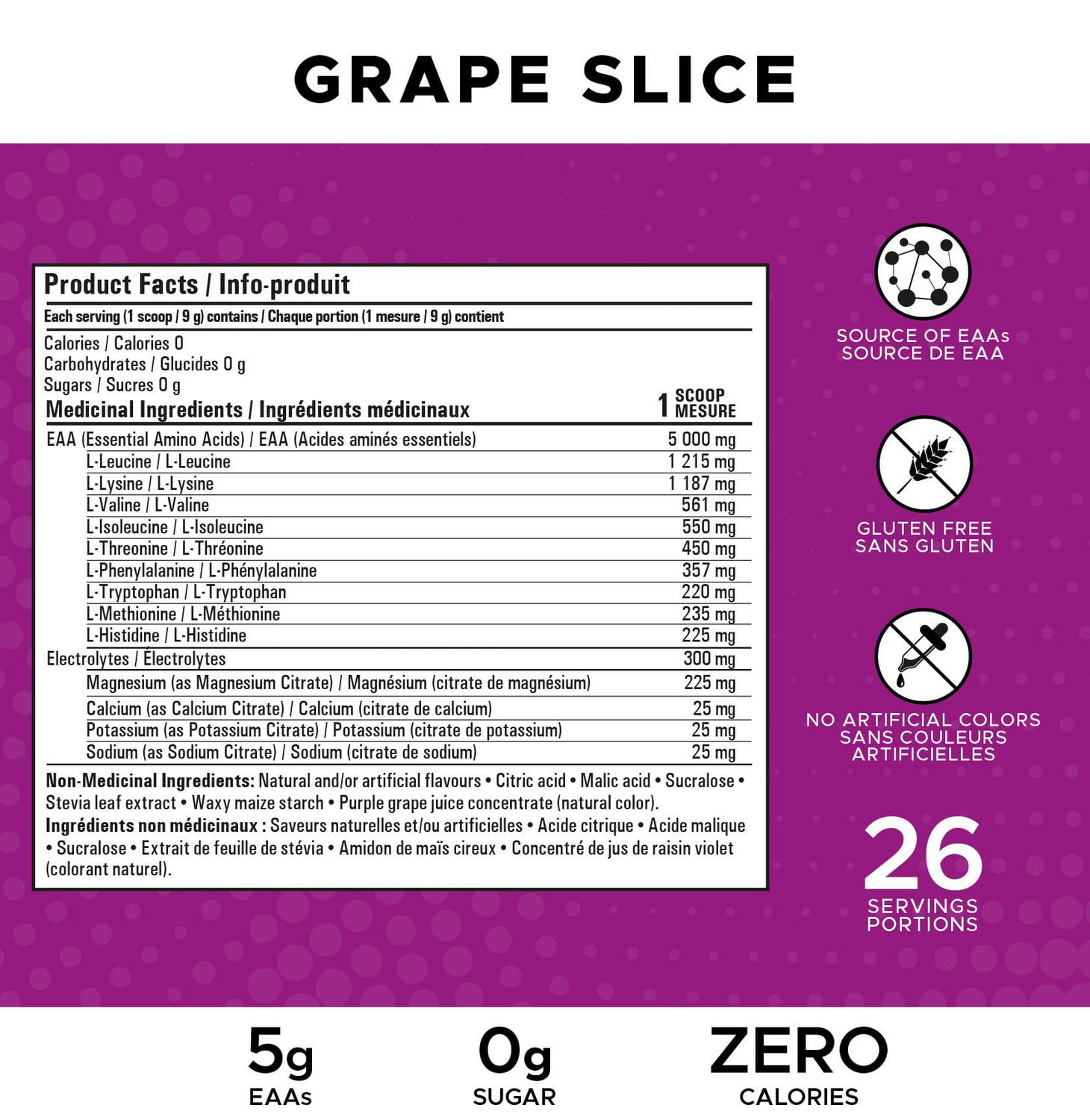 Revolution Nutrition, Poudre Pure EAA, Acides Aminés Essentiels pour la Récupération Post-Workout, Sans Gluten, Zéro Calorie, Zéro Sucre, avec Électrolytes, 5 g d’EAA par Portion, Tranche de Raisin, 240 g (26 Portions)
