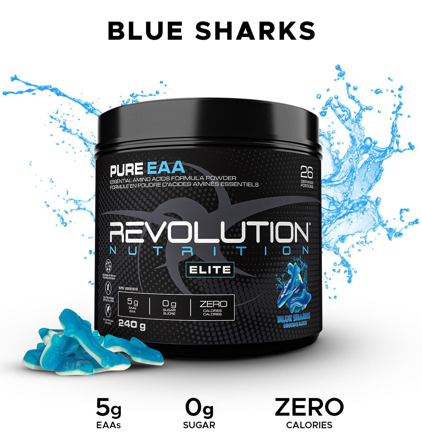 Revolution Nutrition Pure EAA Powder, Essential Amino Acids for Post Workout Recovery,  Gluten Free, Zero Calorie, Zero Sugar,with Electrolytes, 5g EAAs per Serving, Blue Sharks, 240g (26 Servings)