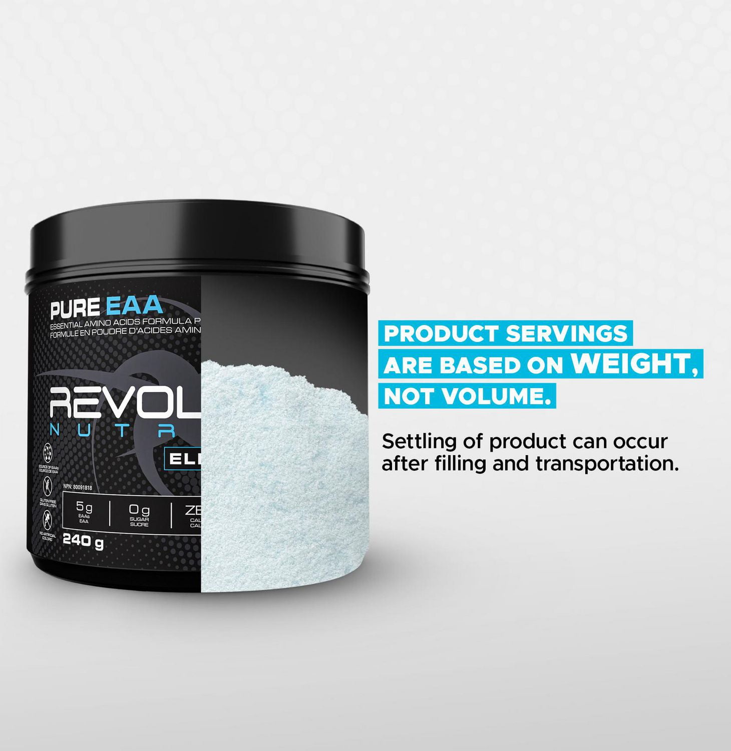 Revolution Nutrition, Poudre Pure EAA, Acides Aminés Essentiels pour la Récupération Post-Workout, Sans Gluten, Zéro Calorie, Zéro Sucre, avec Électrolytes, 5 g d’EAA par Portion, Requins Bleus, 240 g (26 Portions)