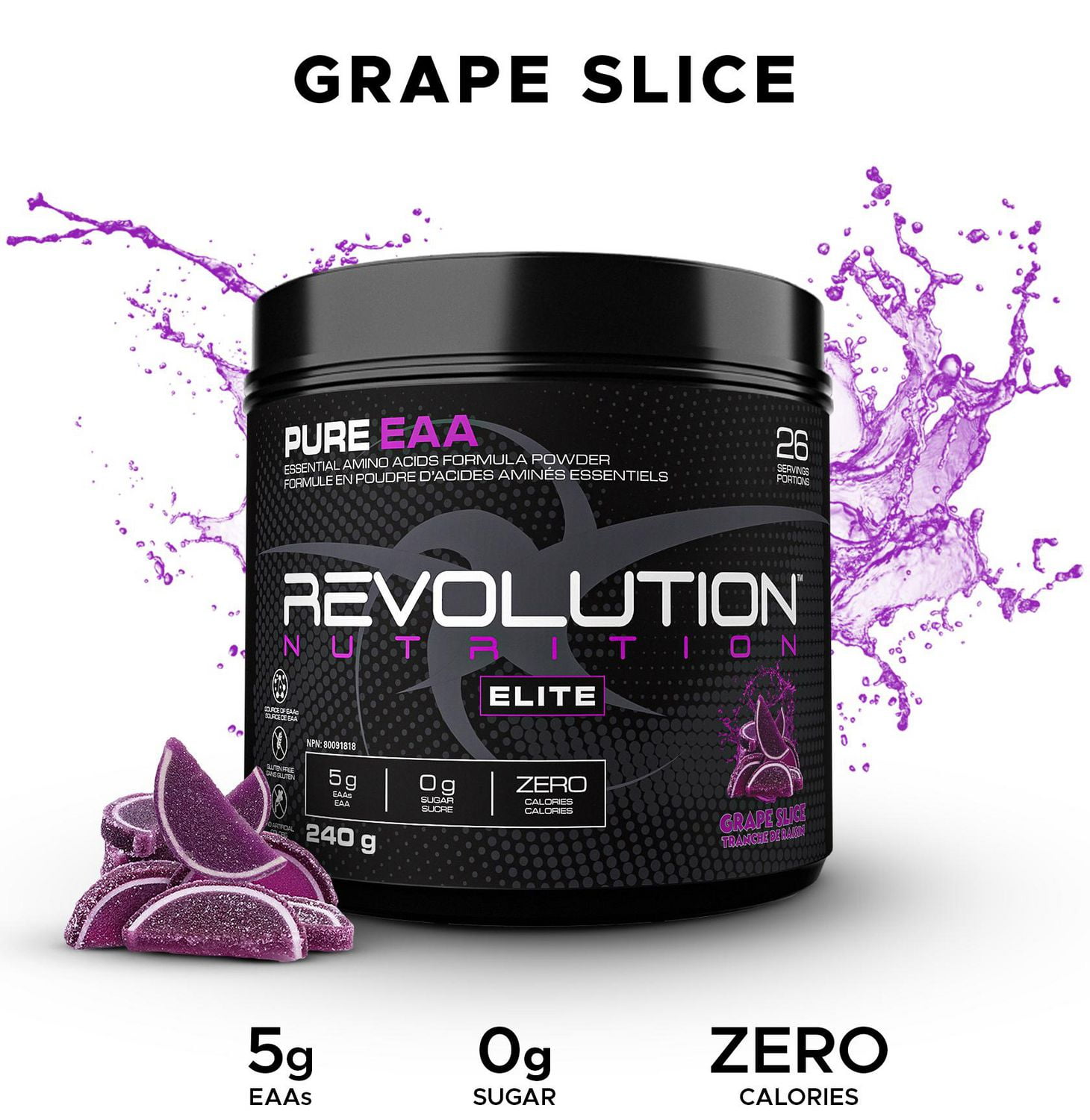 Revolution Nutrition, Poudre Pure EAA, Acides Aminés Essentiels pour la Récupération Post-Workout, Sans Gluten, Zéro Calorie, Zéro Sucre, avec Électrolytes, 5 g d’EAA par Portion, Tranche de Raisin, 240 g (26 Portions)