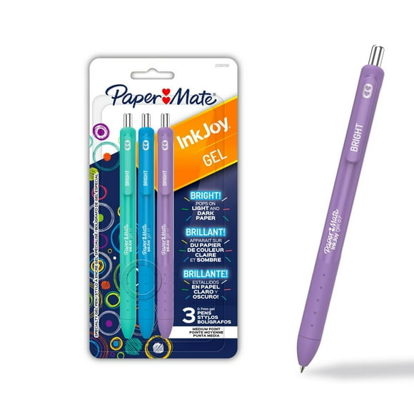 Stylos brillants InkJoy de Paper Mate, stylos gel avec encre semblable à de la peinture, pointe moyenne (0,7&nbsp;mm), rétractables, couleurs vives assorties, 3&nbsp;unités InkJoy