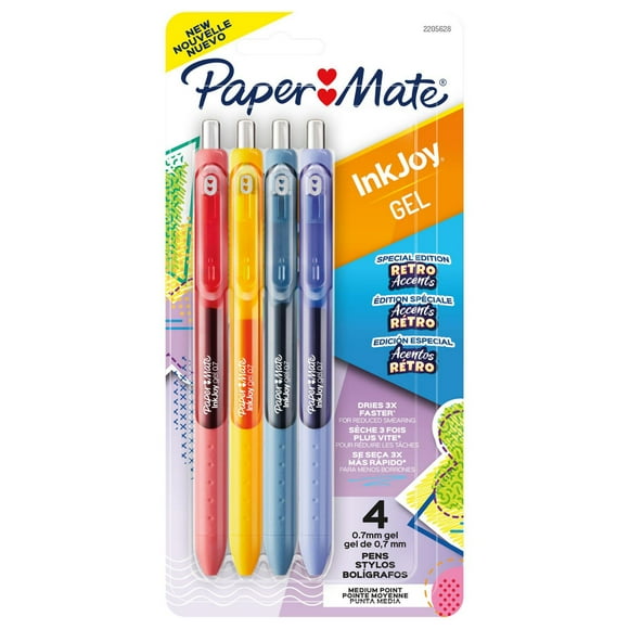 Stylos gel Paper Mate InkJoy, couleurs aux accents rétro, pointe moyenne (0,7 mm), rétractables, 4 unités InkJoy