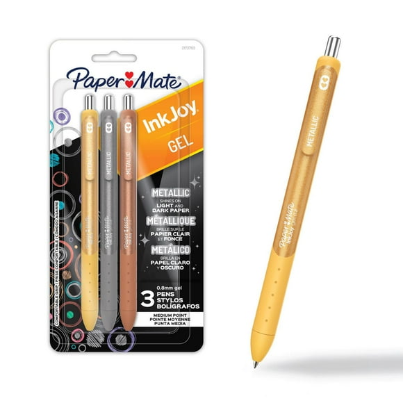 Stylos gel InkJoy de Paper Mate, stylos métalliques, rétractables, pointe moyenne (0,8&nbsp;mm), couleurs assorties, 3&nbsp;unités InkJoy