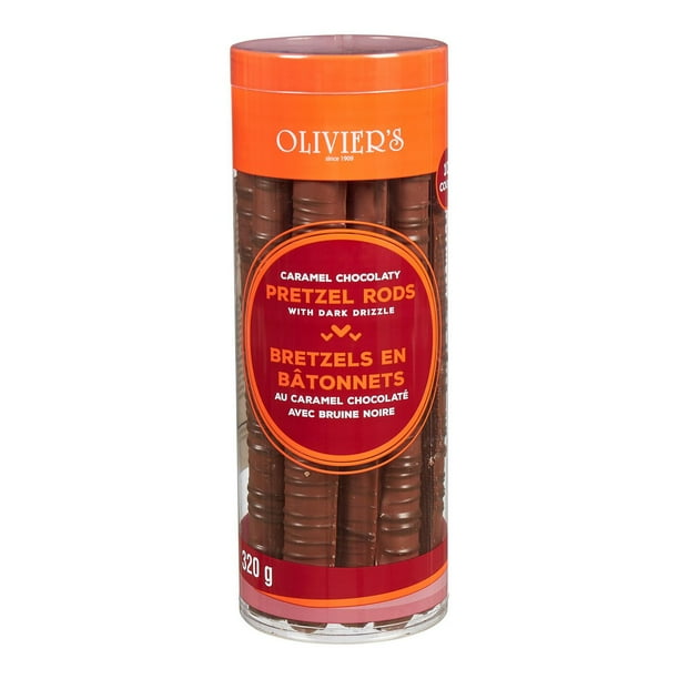 Olivier’s Caramel Chocolaty Pretzel Rods With White & Dark Drizzle