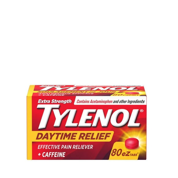 Extra Strength Tylenol Daytime Relief Tablets, 500 mg Acetaminophen + 65 mg Caffeine, Morning Headache & Pain Relief, 80 Tablets