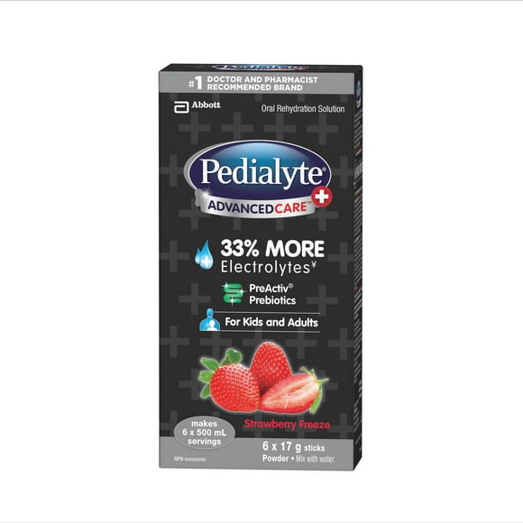 Bâtonnets de poudre d’électrolytes Pedialyte® AdvancedCare® Plus, électrolytes pour la déshydratation, fraise glacée, 6 x 17 g 6x17g