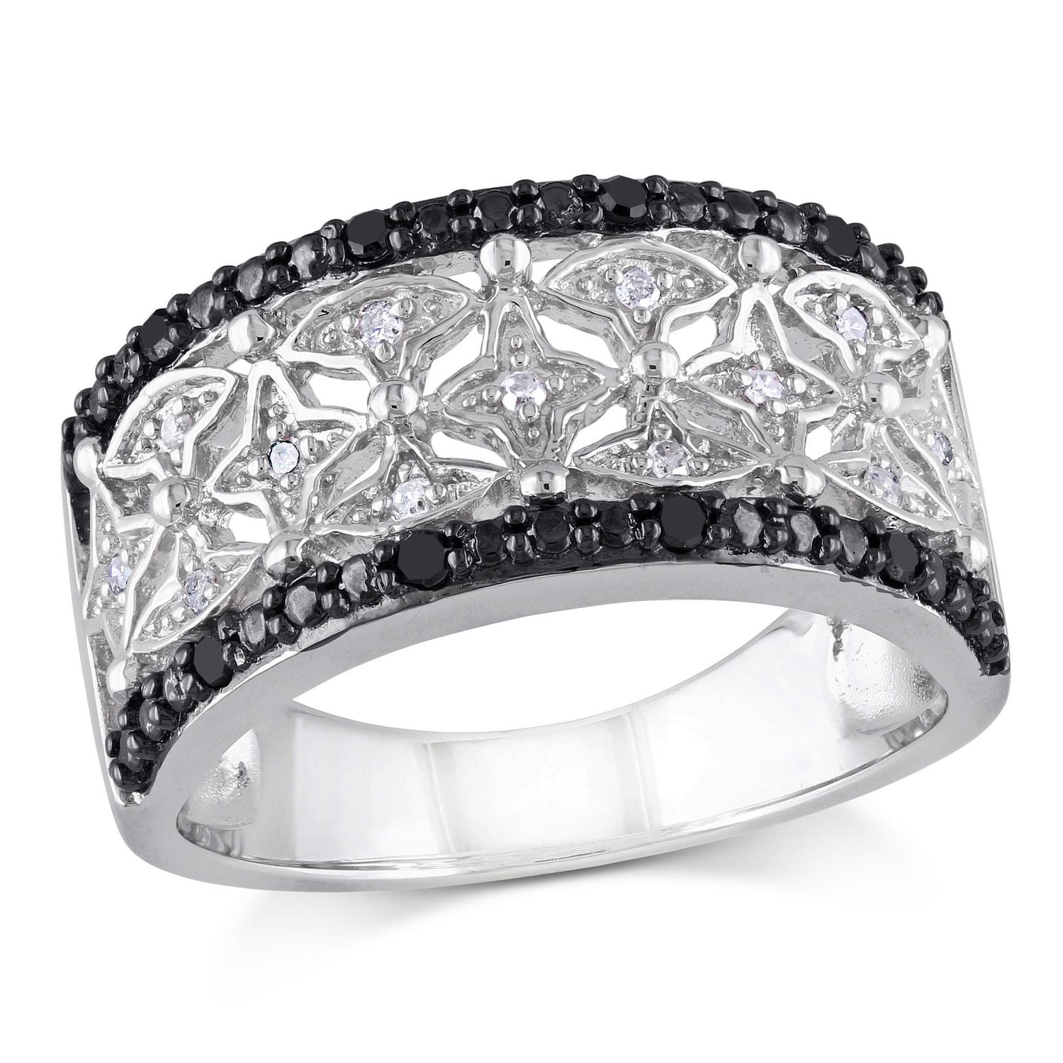 Bague rétro Asteria avec diamants noirs et blancs 1/7 CT poids total en argent sterling