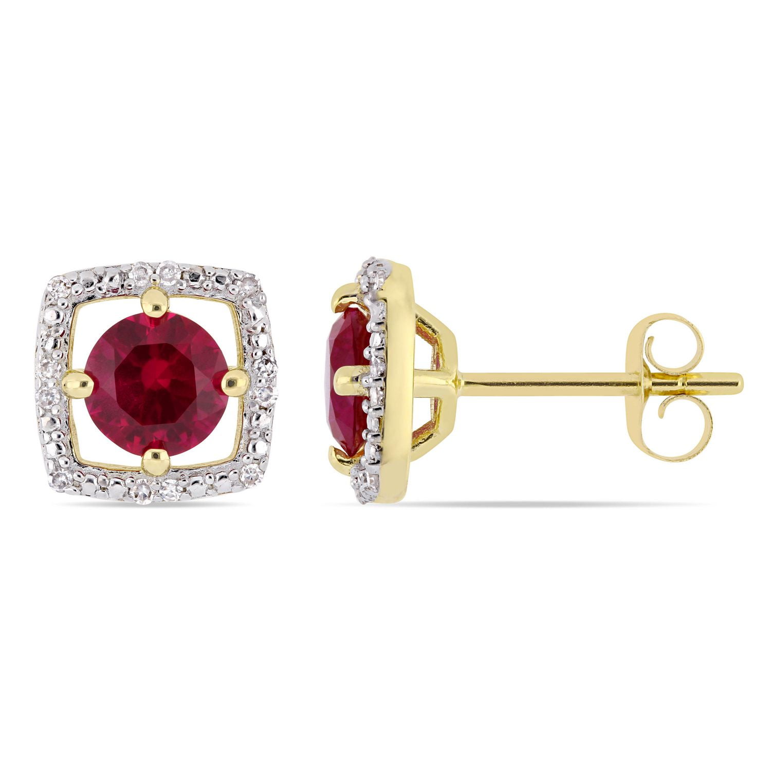 Clous d'oreille de forme auréole Tangelo avec rubis synthétique 1-1/6 CT PBT et accents de diamants en or jaune 10K