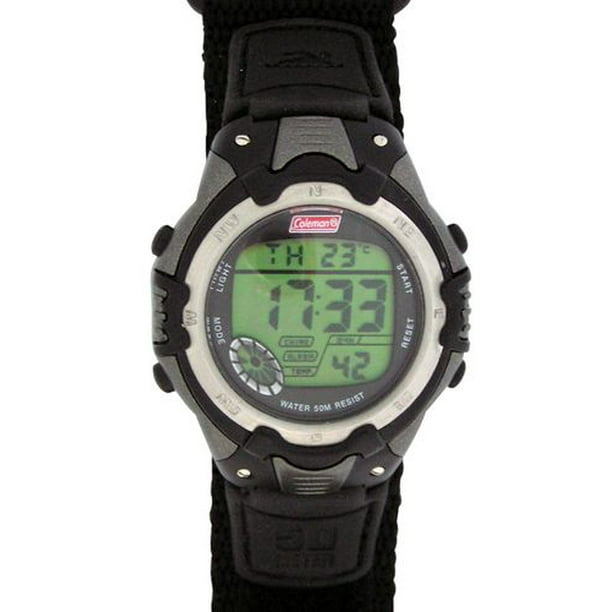 Montre numérique pour homme de Coleman avec bracelet FastWrapMC gris anthracite et noir en nylon et thermomètre numérique.
