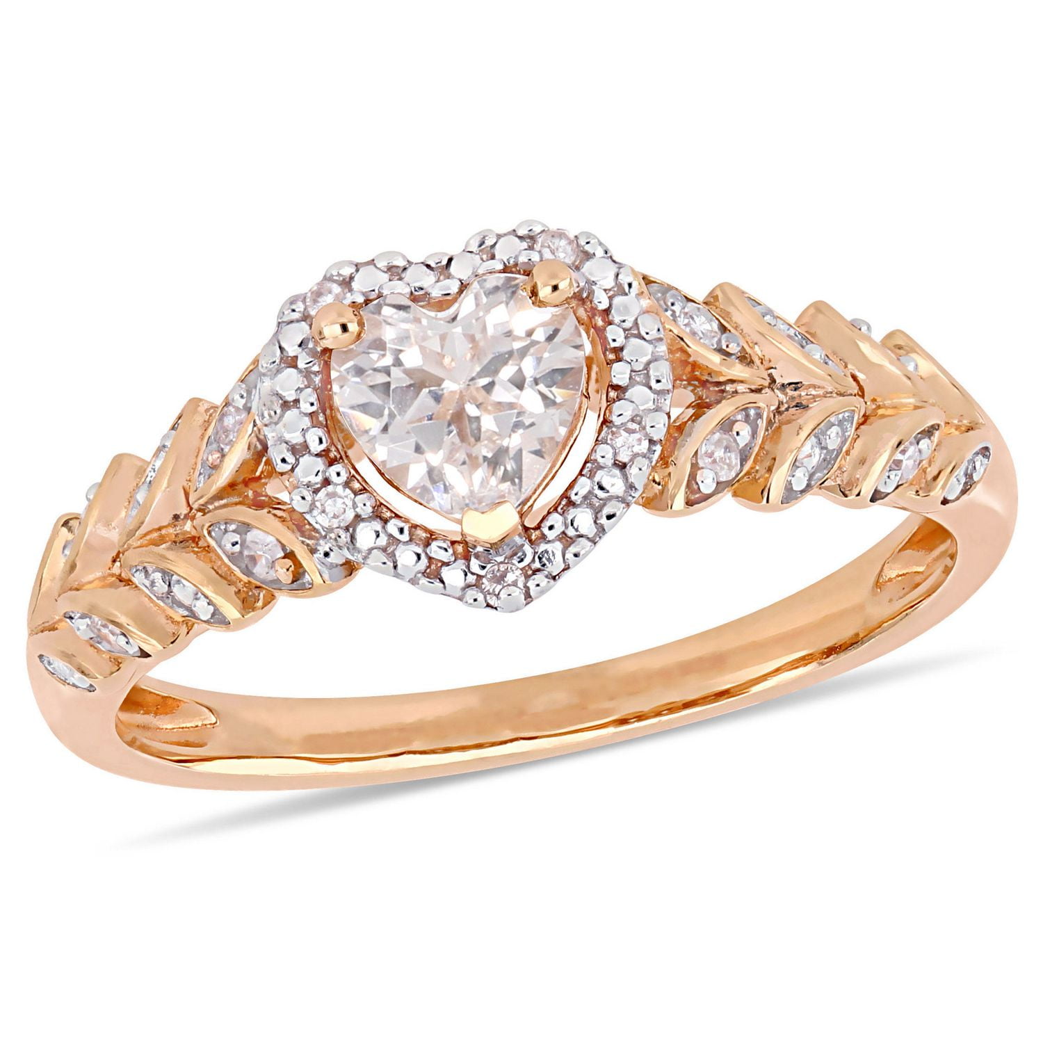 Bague auréole de forme cœur Miabella avec saphir blanc synthétique 3/5 CT PBT et accents de diamants en or rosé 10K