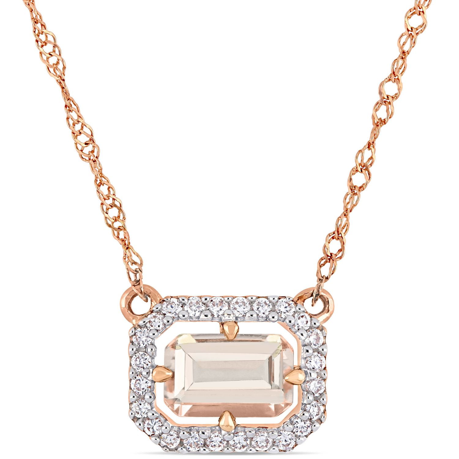 Collier de forme auréole Tangelo avec morganite 3/5 CT PBT et diamants 1/10 CT poids total en or rosé 14K, 17 po
