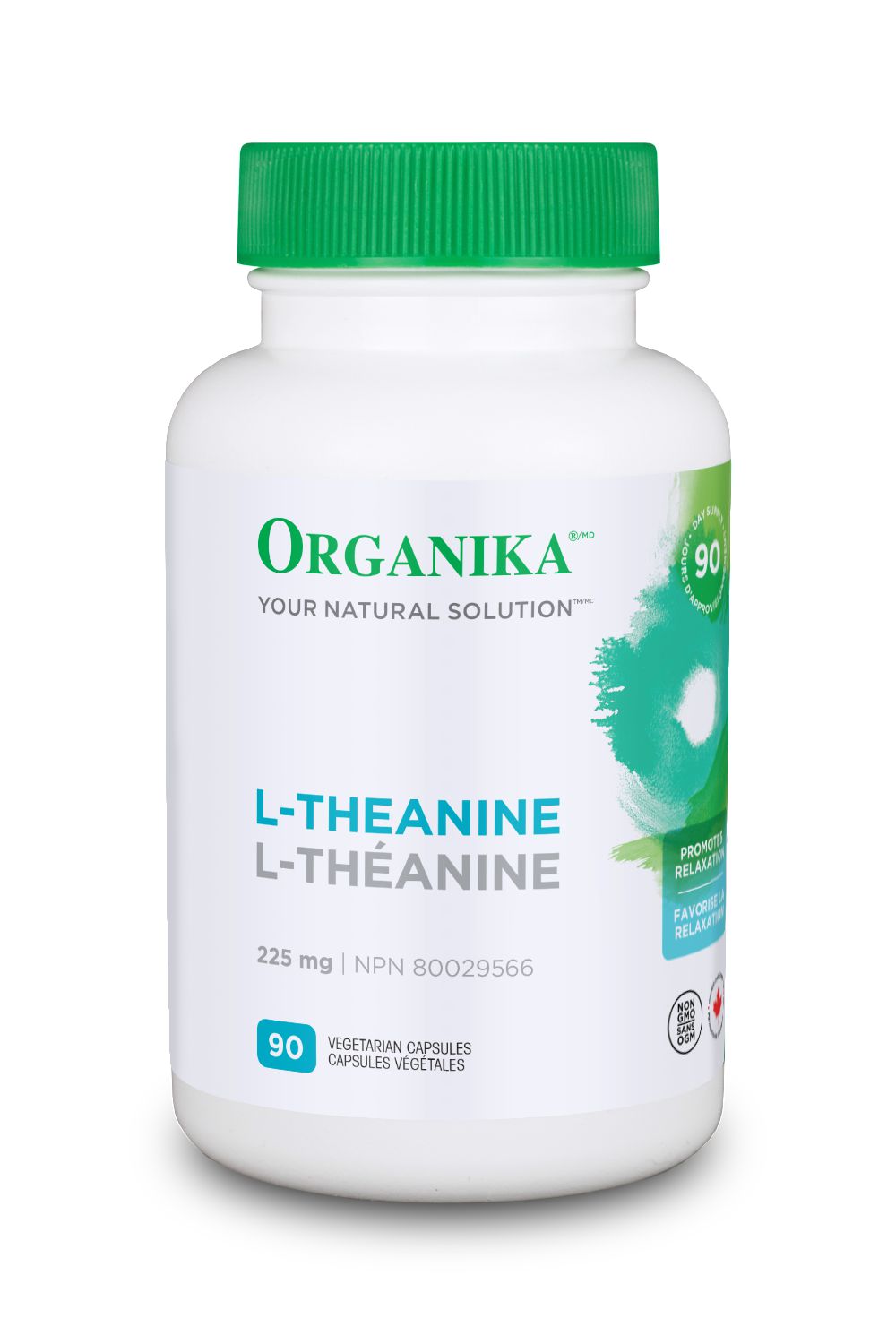 L-Theanine 225mg 90Cap supplement bottle noting 225 mg and 90 capsules; described as a non-drowsy amino acid that promotes daytime relaxation, supports GABA production and sleep support, often used as a travel relaxation aid.