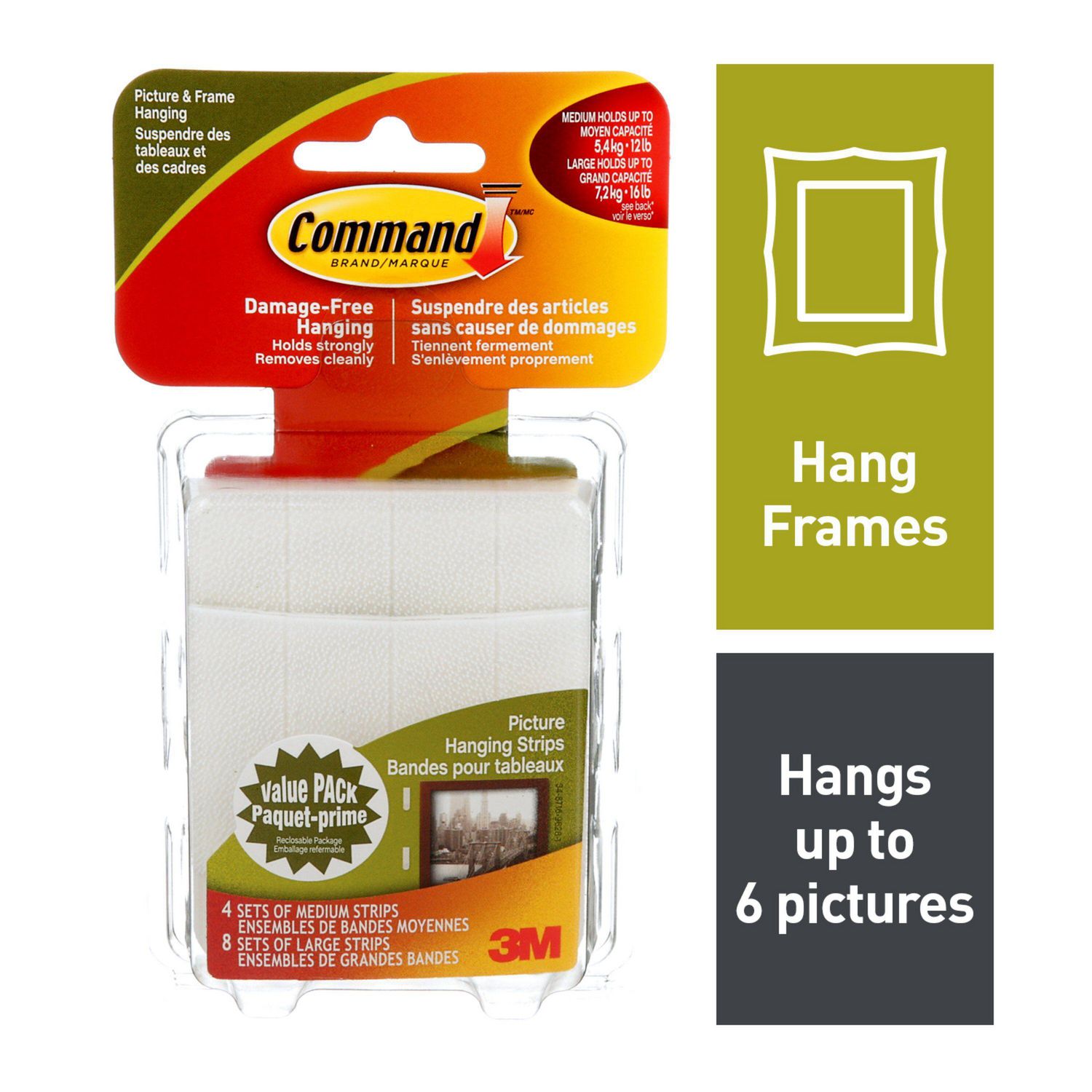 3pks 3M Command Brand Damage Free Hanging 16lbs LARGE PICTURE HANGING STRIPS 