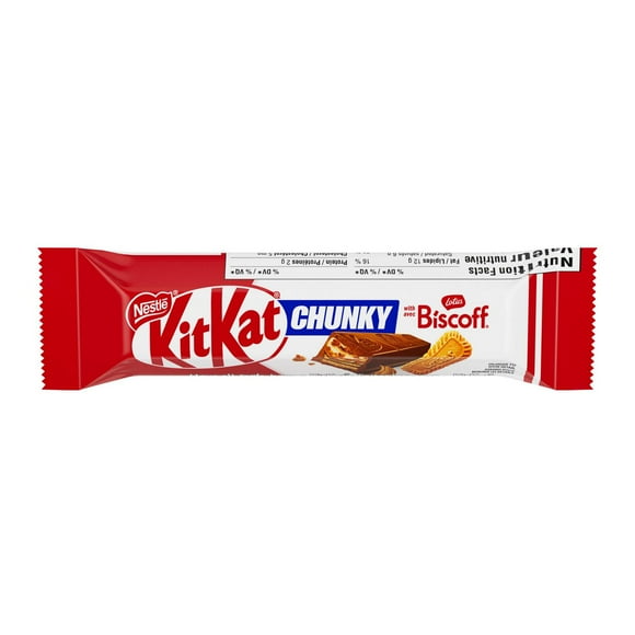 Kit Kat Chunky Lotus Biscoff, Crispy Kit Kat Wafer layered with Lotus Biscoff filling in a milk chocolatey coating, Sustainably sourced cocoa, 42 g