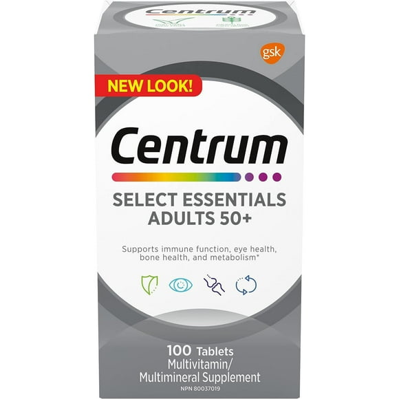 Centrum Select Essentiels 50+, un supplément complet de vitamines et de minéraux, en format de 120 comprimés