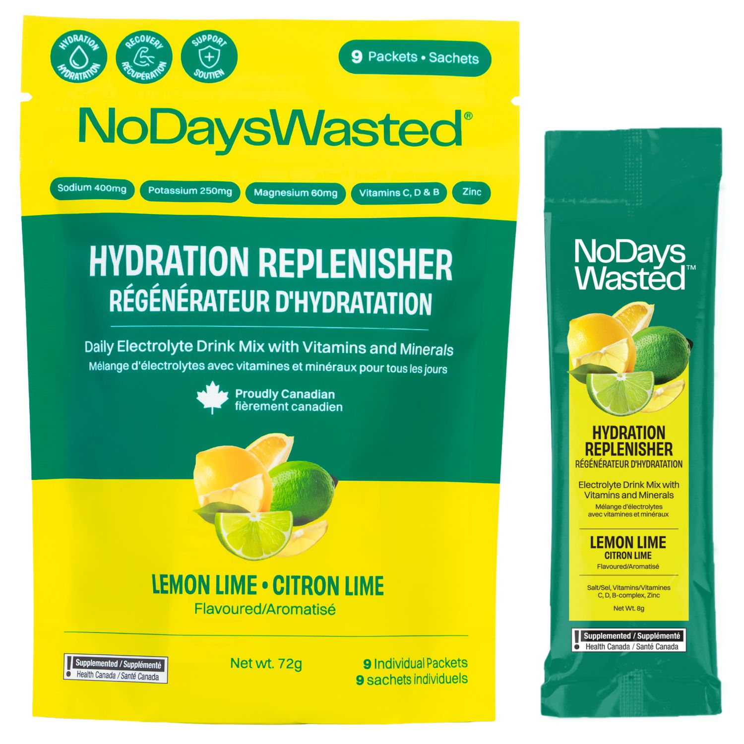 No Days Wasted Hydration Replenisher - Electrolyte Drink Mix with Vitamin Support - Canadian Made and Founded - Lemon Lime - 9 Single Serve Packets