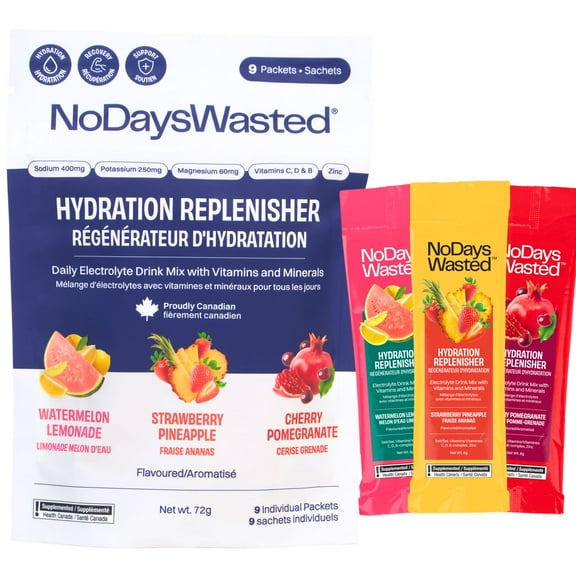 No Days Wasted Hydration Replenisher - Electrolyte Drink Mix with Vitamin Support - Canadian Made and Founded - Variety Pack - 9 Single-Serve