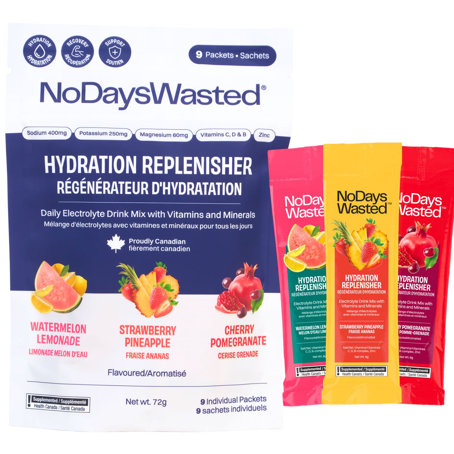 No Days Wasted Hydration Replenisher - Electrolyte Drink Mix with Vitamin Support - Canadian Made and Founded - Variety Pack - 9 Single-Serve
