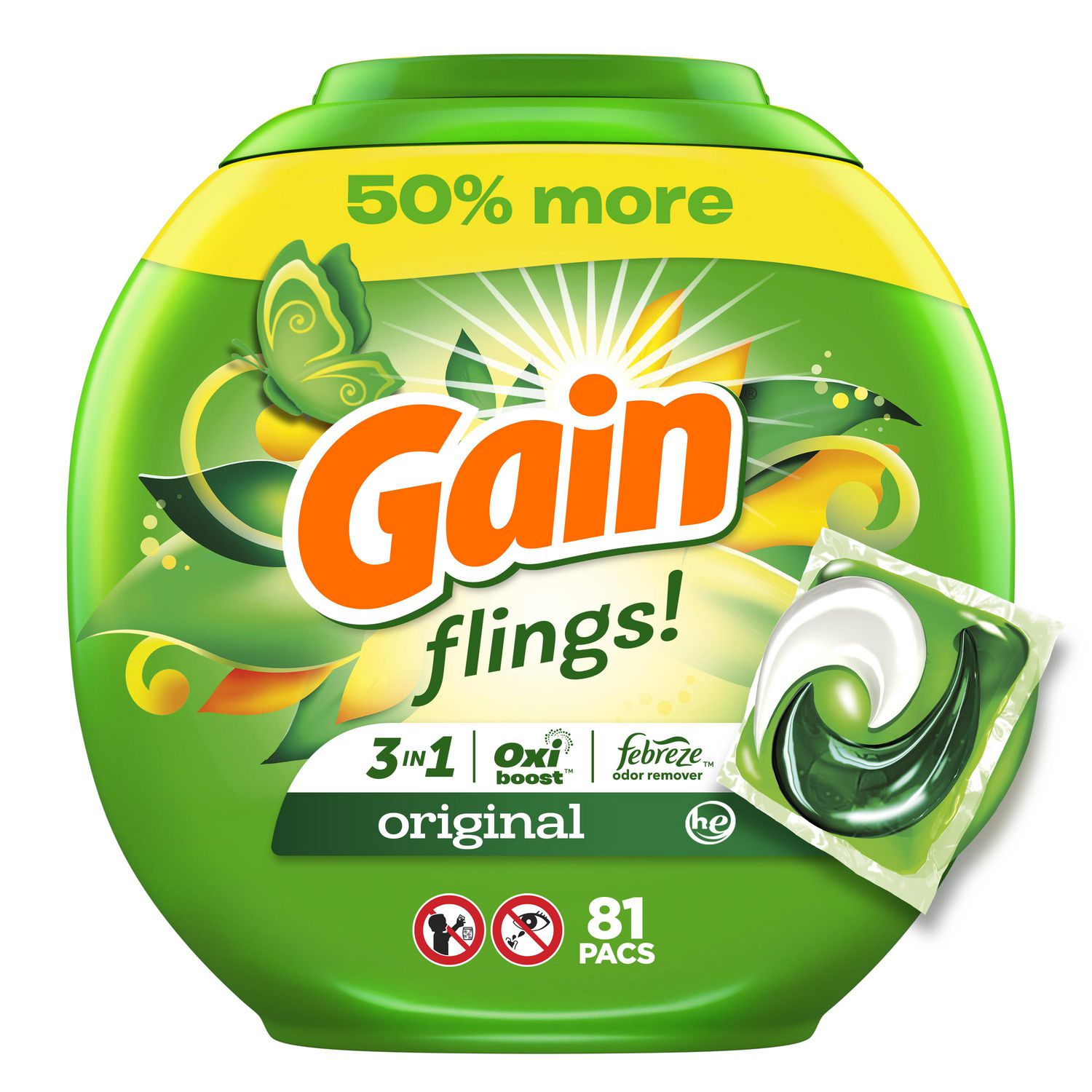 Gain Détergent à lessive liquide flings!,Original, HE, 81;capsules