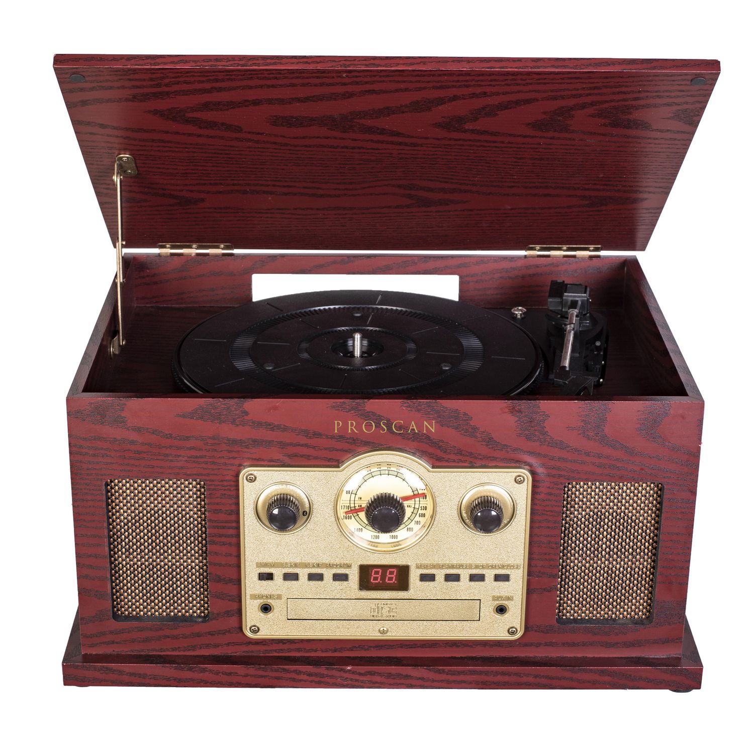 Nostalgic　and　AM/FM　Bluetooth　Cassette,　Proscan　CD,　with　AUX　6-in-1　Brown　Turntable　Radio