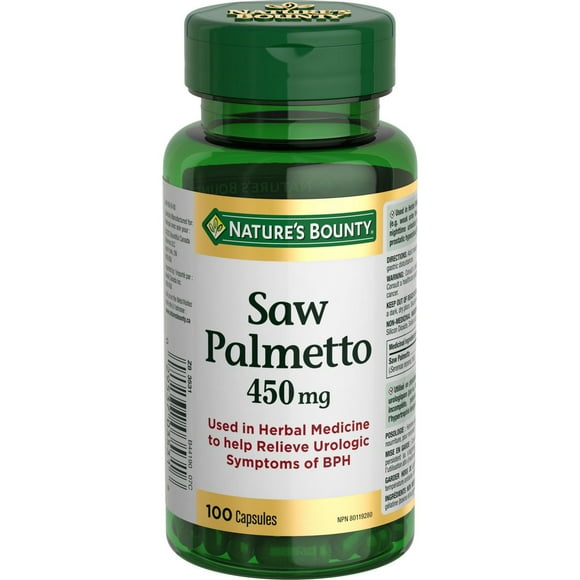 NATURE'S BOUNTY Palmier nain, 450&nbsp;mg, soulage les symptômes urologiques d’hypertrophie bénigne de la prostate, comme un faible débit urinaire et des mictions incomplètes ou fréquentes, capsules 100 paquet 100 gélules