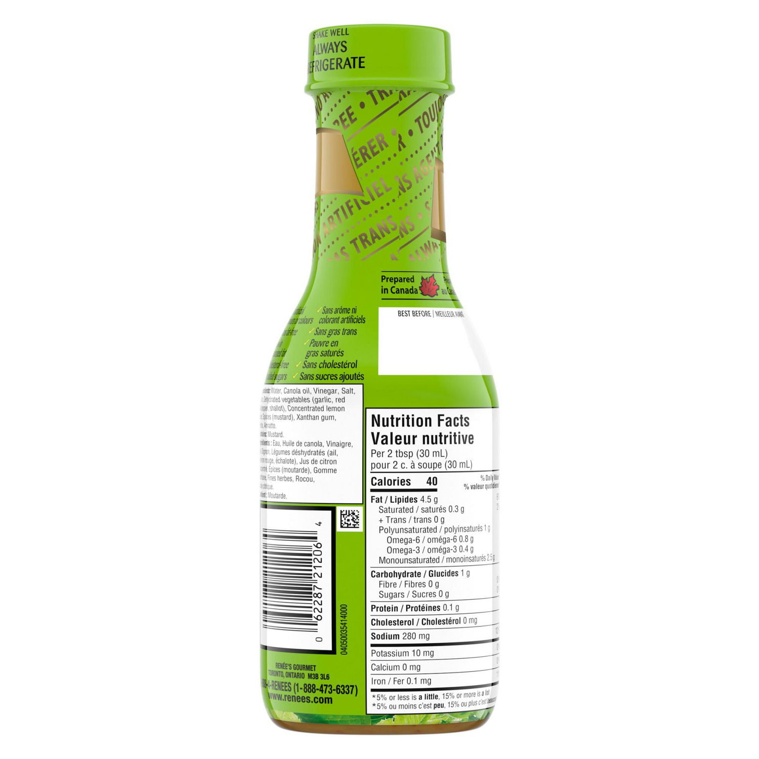 Renée’s Spring Herb Italian Vinaigrette, Renée’s vinaigrette delivers an exceptional homemade flavour that will complement your meals! Our spring herb Italian vinaigrette has a delicate, flavourful taste and has no artificial colours or flavours.