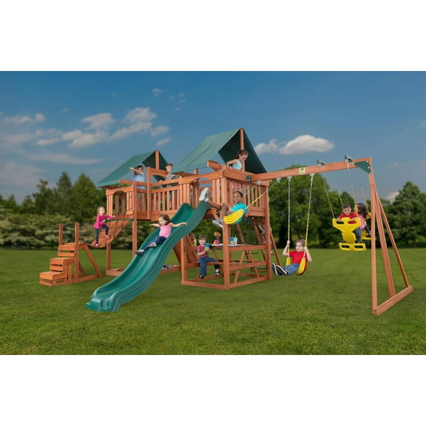 Jungle Fun Playset with Twin Towers, Bridge, Climbing Wall, Picnic ...