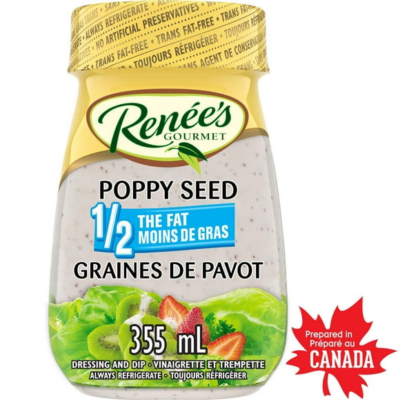 Renée’s Light Poppy Seed Dressing, 1/2 the Fat of our regular Poppy Seed Dressing, Renée’s dressings deliver an exceptional homemade flavour that will complement your meals! Our light poppy seed dressing contains 1/2 the fat of our regular poppy seed dressing and features a rich, flavourful taste.