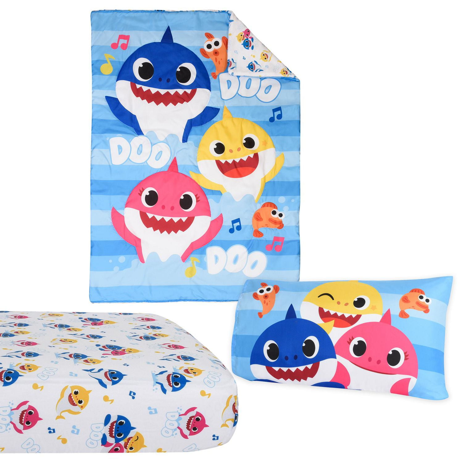 Baby Shark 3 Piece Toddler Bedding Set with Reversible Comforter Fitted Sheet and Pillowcase