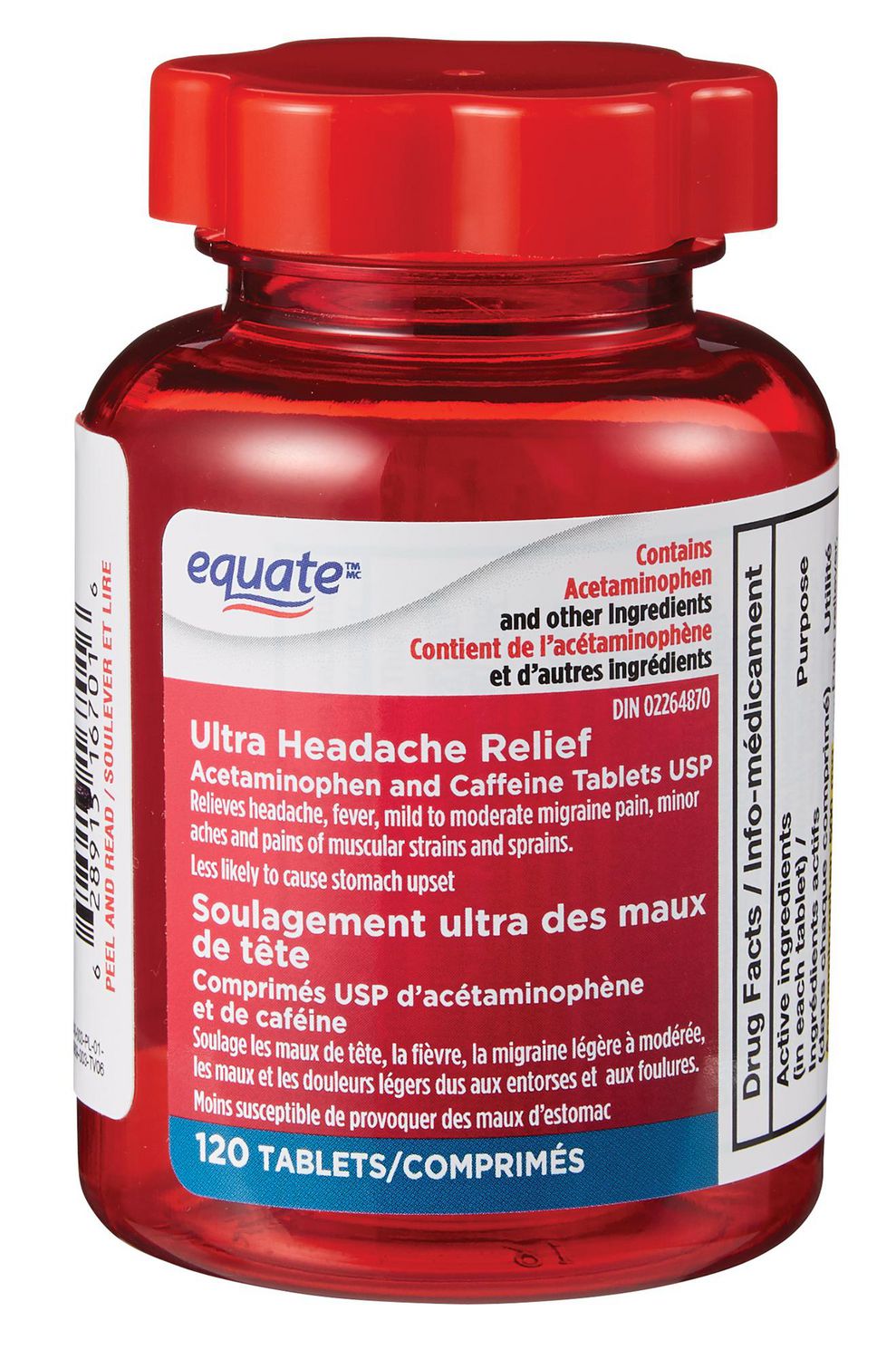 Equate Ultra Headache Relief, Acetaminophen and Caffeine Tablets USP front-facing white bottle with blue Equate label listing Acetaminophen 500 mg and Caffeine 65 mg, easy-open cap and not child resistant, described as a pain reliever and fever reducer; read and follow label directions.