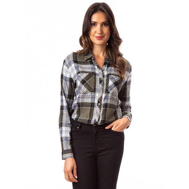 Jordache Women's Pleat Back Plaid Shirt 