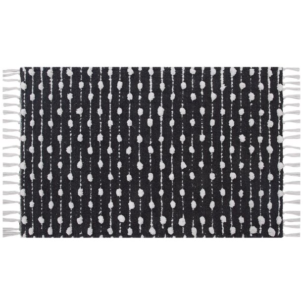 HT Dot Tassle Black Bath Rug, 100 Cotton Handwoven Chenille Bath Rug